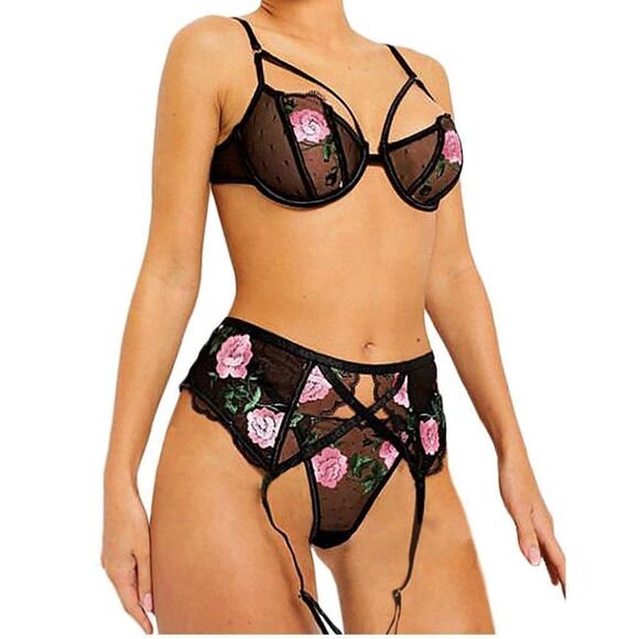 3 Piece Sexy Lingerie Garter Set, Black